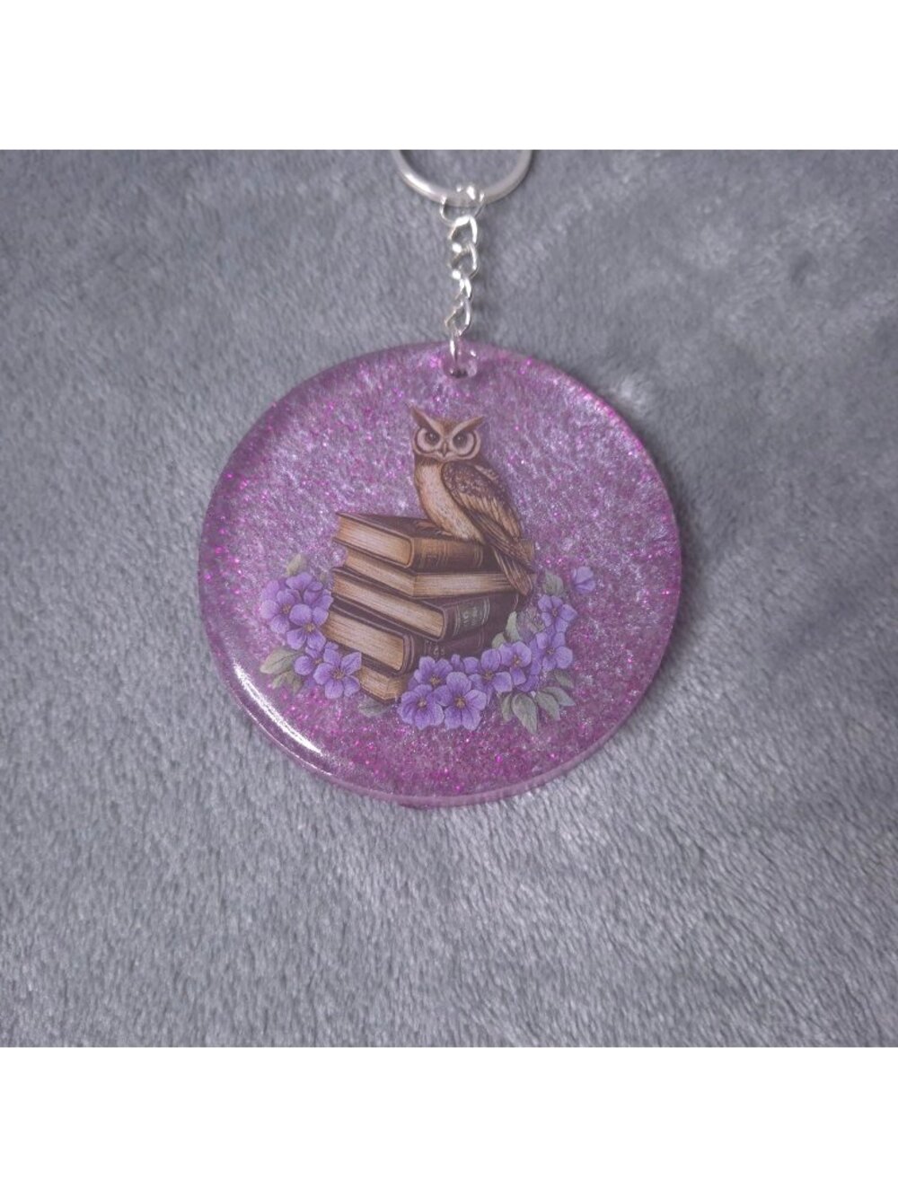 Handmade Resin Glitter Owl Keychain Books Purple Flowers 2 Diameter Unique Gift